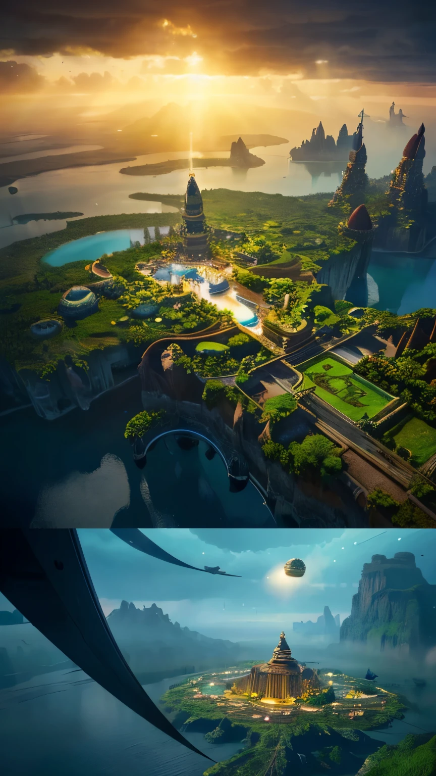 many islands floating in the air、Many small airships are flying around。, City, fantasy, magical plants that grow, extreme details, realistic light, magnificent composition, (intricate details), (intricate design, Super detailed :1.2), art station, (masterpiece, highest quality), ultra hd, 32k --v6