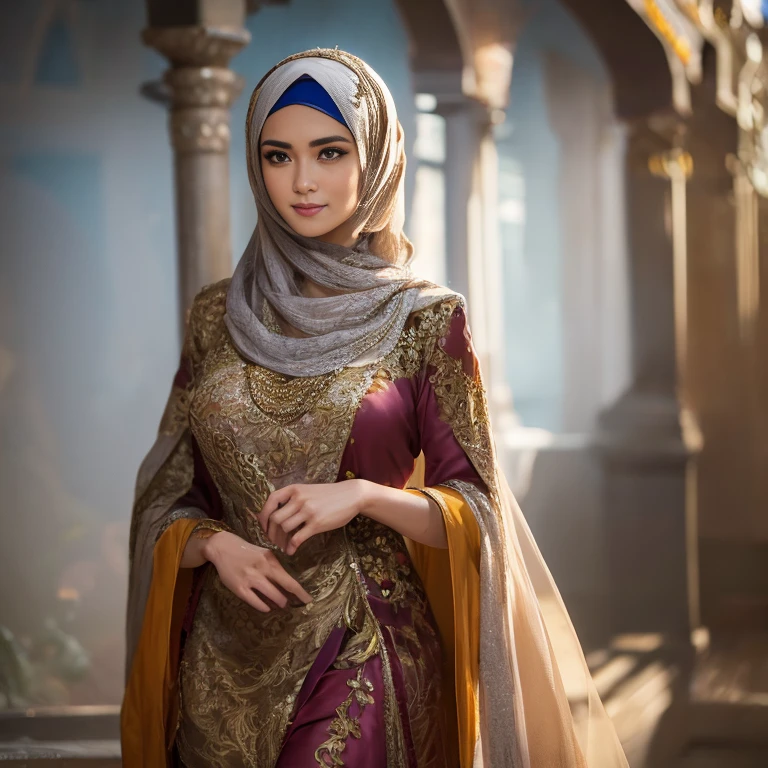 Best quality, masterpiece, realistic photos, intricate details, original photos, wearing traditional baju kurung, photon rendering, octane rendering, ridiculous, ultra-detailed, detailed faces, detailed skins, trends on artstation, 8k masterpieces, cinematic lighting, ((1girl)), ((solo)), firm rounded breasts, huge breasts, slim and slender body, long hijab, eid mubarak in malay village, half body