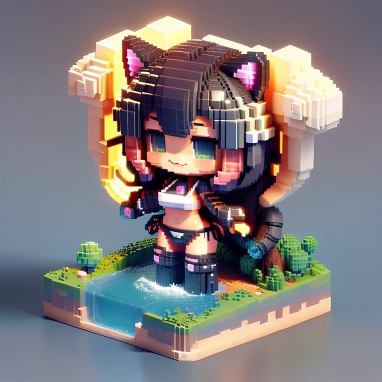 Voxels,（3D Big Pixel Art）, （3D Pixel Art）,Chibi,Large pixels,solo,#1 girl(chibi,cute,kawaii,small kid,bikini,tunned skin,tiger ear,big breast,winning smile,jump),(3D Pixel Art),(3D Pixel Art),（3D Pixel Art）,#background(simple,white),from bottom