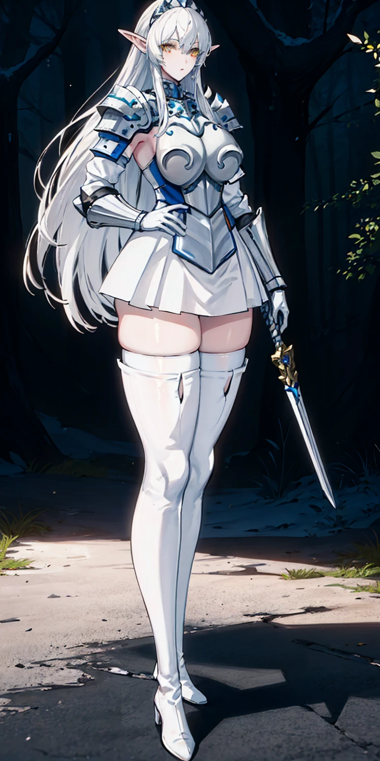 masterpiece, best quality, high quality, 1solo white SKIN elf, long hair, white hair, yellow eyes, full body, def_effie, blue breastplate, looking at viewer, shiny,armor, thighhighs, high boots,shoulder armor, faulds, poleyn, gloves, gauntlets
