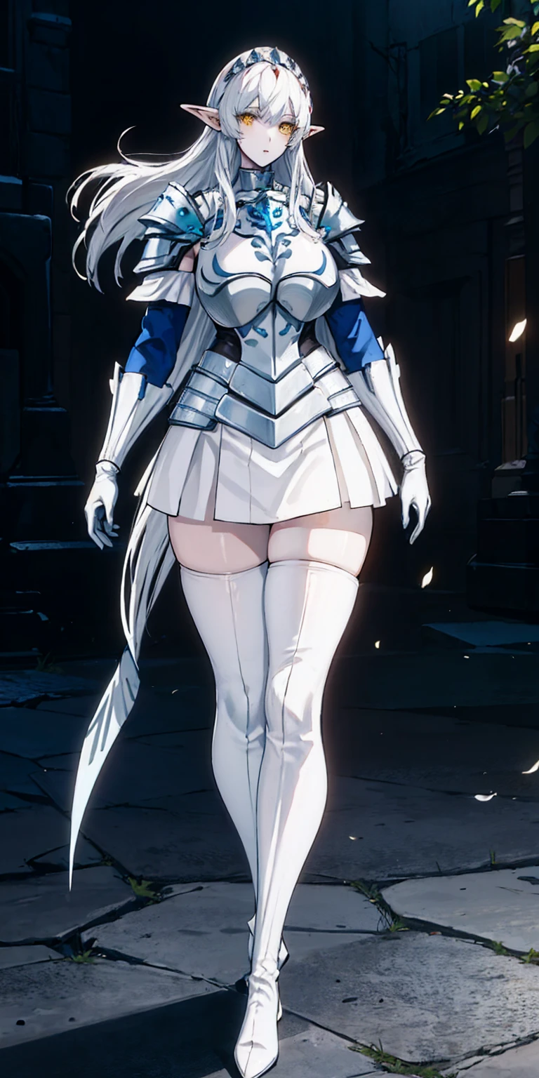 masterpiece, best quality, high quality, 1solo white SKIN elf, long hair, white hair, yellow eyes, full body, def_effie, blue breastplate, looking at viewer, shiny,armor, thighhighs, high boots,shoulder armor, faulds, poleyn, gloves, gauntlets