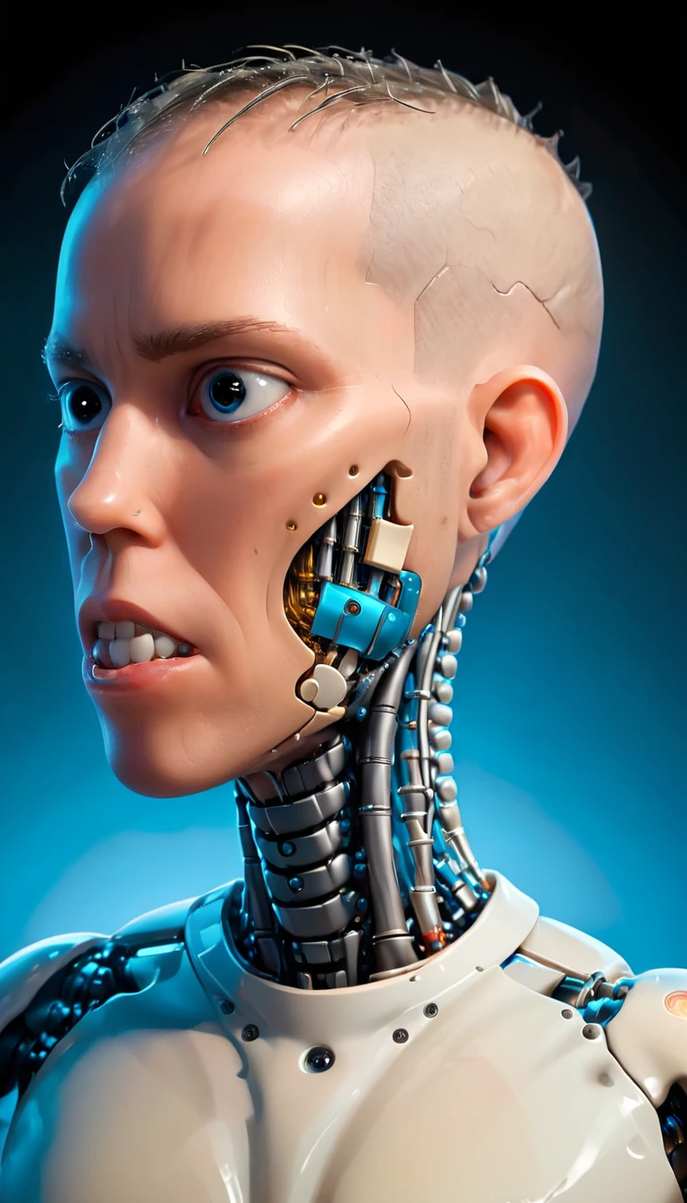 coopie, (Complex Professional 3D rendering:1.3) of (Ultra detailed:1.3) side profile, xray diagram deconstruction of a cyborg brain to machine interface, Highly detailed, Depth, Many parts, Lumen render, 8k x-ray style translucent bald head, clear skin, synthetic bone, blue Xray style on a pure black background,CGSociety,ArtStation