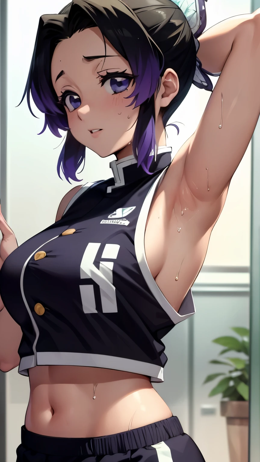 a close up of a person wearing a basketball uniform, a picture, inspired by Kentaro Miura, trending on pixiv, Shinobu Kochou, Demon Slayer, Kimetsu no Yaiba, wearing yellow nba jersey, yellow croptop nba jersey, wearing a low cut croptop, wearing croptop, croptop, written "Lakers" on the croptop, golden raito, (winking), shirobako, large)}], favorite scene, fine details. anime. skins, sweating, big breasts, both hands raised, armpits, armpits visible, dripping with sweat, more more sweat, sweaty armpits