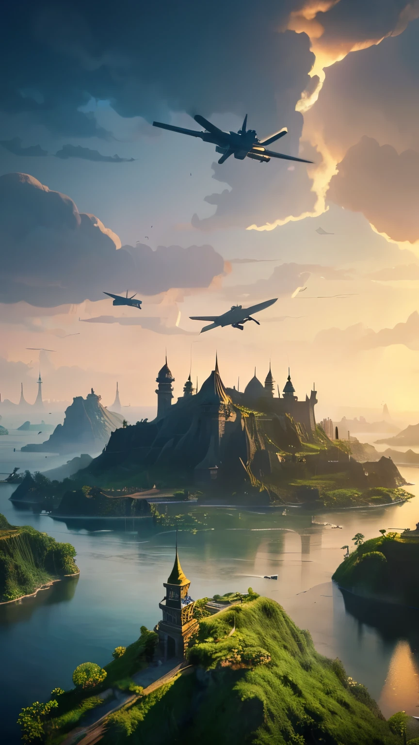 many islands floating in the air、Many small airships are flying around。, City, fantasy, magical plants that grow, extreme details, realistic light, magnificent composition, (intricate details), (intricate design, Super detailed :1.2), art station, (masterpiece, highest quality), ultra hd, 32k --v6