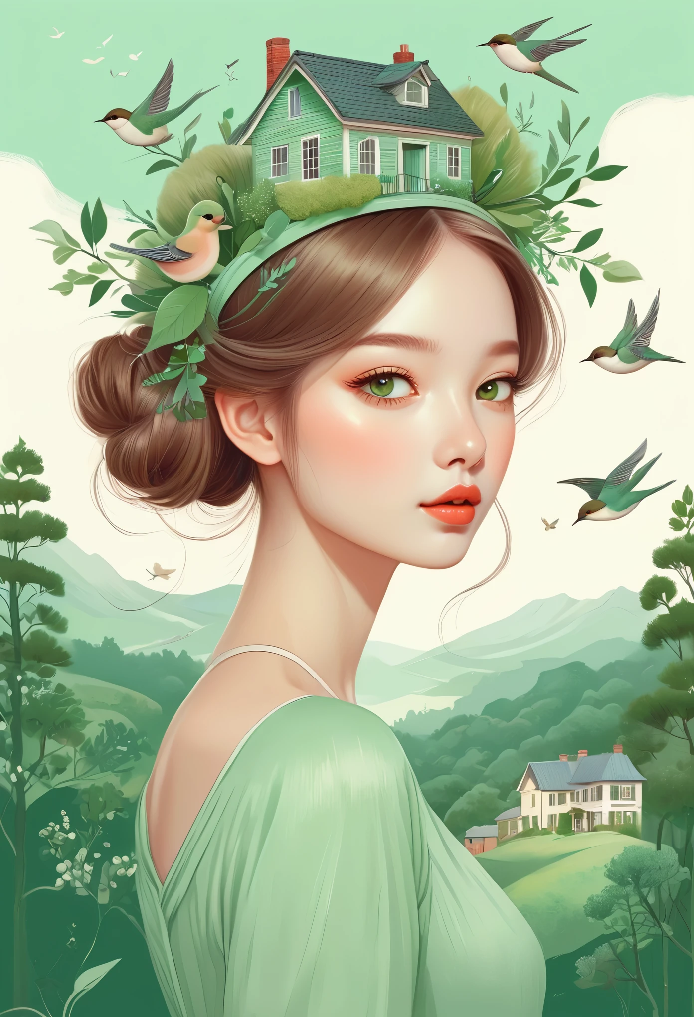 A beautiful girl with green eyes，Wearing an elegant headband，Hair decorated with elements of nature and house，Carrying a house on your head，Holding a house on your head，The backdrop is lush trees and rolling hills。Hand drawn illustration style，Cute cartoon design，green palette，Birds were flying around her face，The swallow sat on his shoulder，by Hsiao Ron Cheng