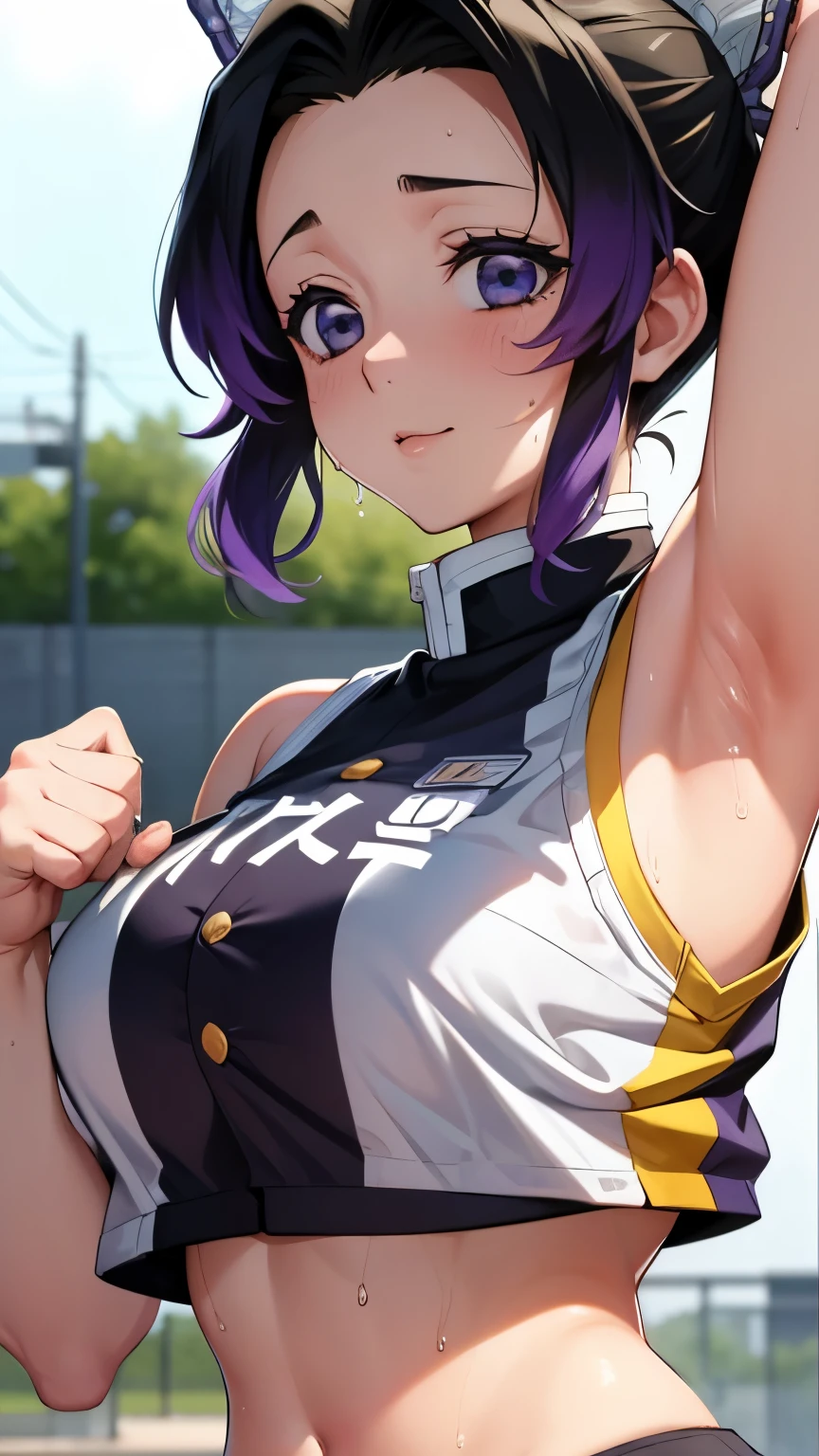 a close up of a person wearing a basketball uniform, a picture, inspired by Kentaro Miura, trending on pixiv, Shinobu Kochou, Demon Slayer, Kimetsu no Yaiba, wearing yellow nba jersey, yellow croptop nba jersey, wearing a low cut croptop, wearing croptop, croptop, written "Lakers" on the croptop, golden raito, (winking), shirobako, large)}], favorite scene, fine details. anime. skins, sweating, big breasts, both hands raised, armpits, armpits visible, dripping with sweat, more more sweat, sweaty armpits