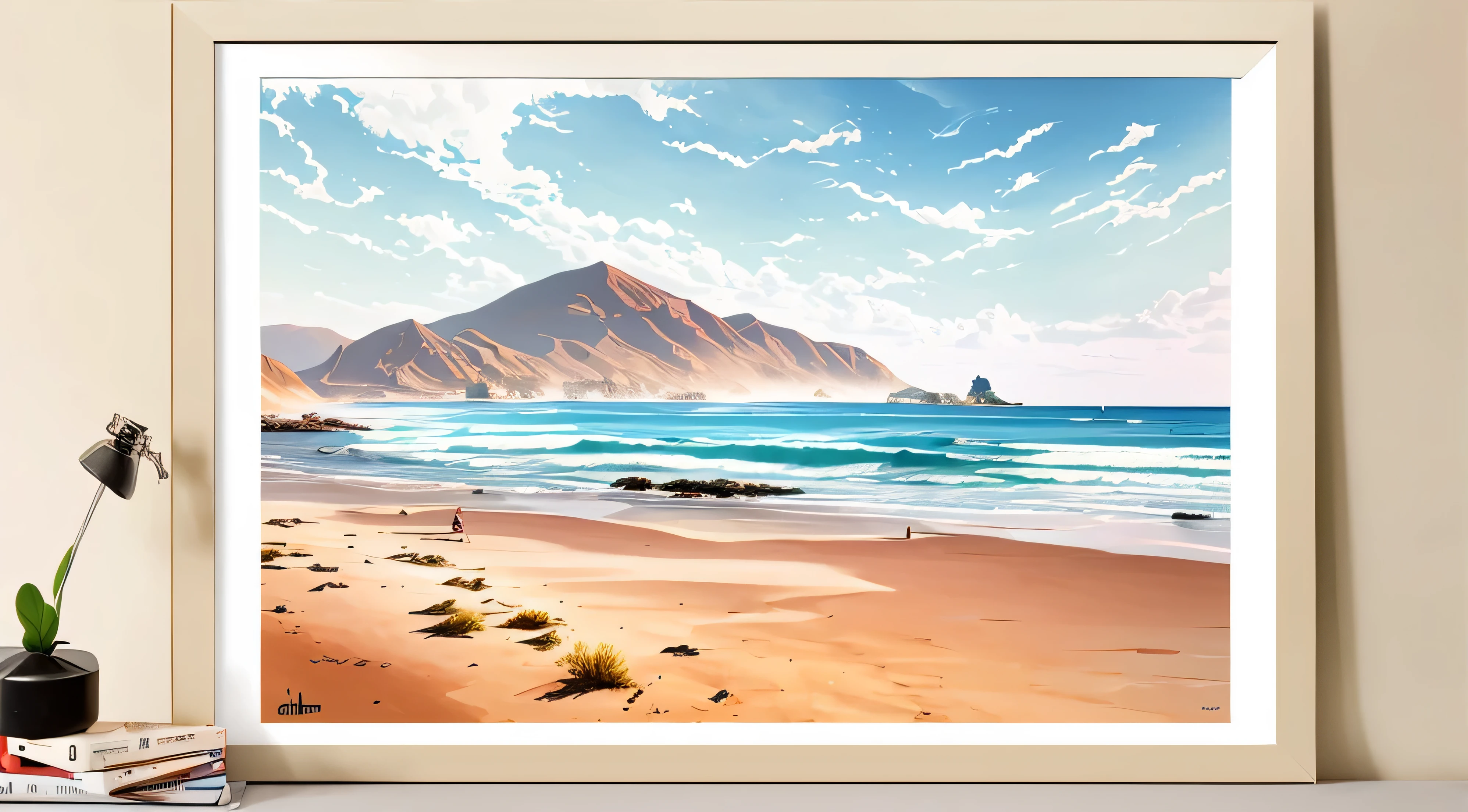 Arafad photo of a painting of boats on the beach, landscape art品, Sandy white moon landscape, landscape art detailed, Fantasy landscape art, 3D virtual landscape painting, Oil painting in 3d, Soft inkjet artwork, Poster artwork, Sand fog, landscape art, Detailed Landscape—Width 672, beach view, 8K Art Lithography