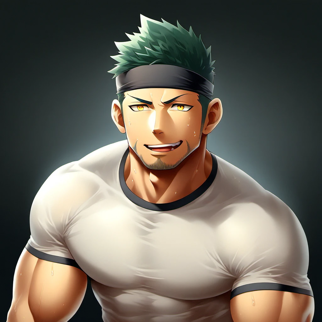anime characters：priapus, 1 young muscular man, male focus, Sporty black headband, Off-white high collar tight T-shirt, Slightly transparent, Sweat soaked tights, muscular male, muscular, bara, Upper body, alone, white short hair, stubble, yellow eyes, blink, black background, Simple background, amazing quality, best aesthetics, ridiculous, bright pupils, short hair, naughty face, torogao, open lips,  best quality