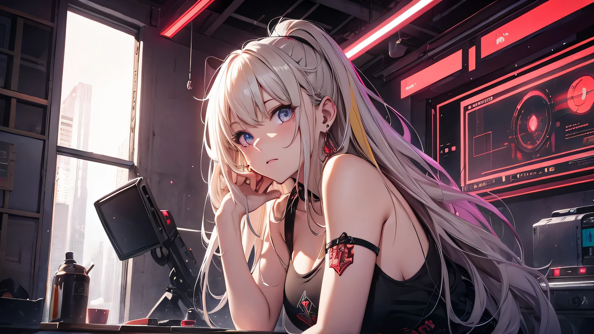 最high quality、best image quality、masterpiece、girl((18-year-old、 By becoming、vest bust、medium bust,wide open breast tea、shining eyes, blonde、messy hair、long hair、thin,highest valley、white distressed tank top、blue distressed pants、Wristband、have a knife、ruby earrings、squat、Leaning forward)),high quality、beautiful art、background((Dark Research Facility、broken wall、warning mark、Light、Infrared Sensor、red lighting))、Flight、debris flies、Depth of written boundary、movie、visual art、perfect art、8K,genuine、