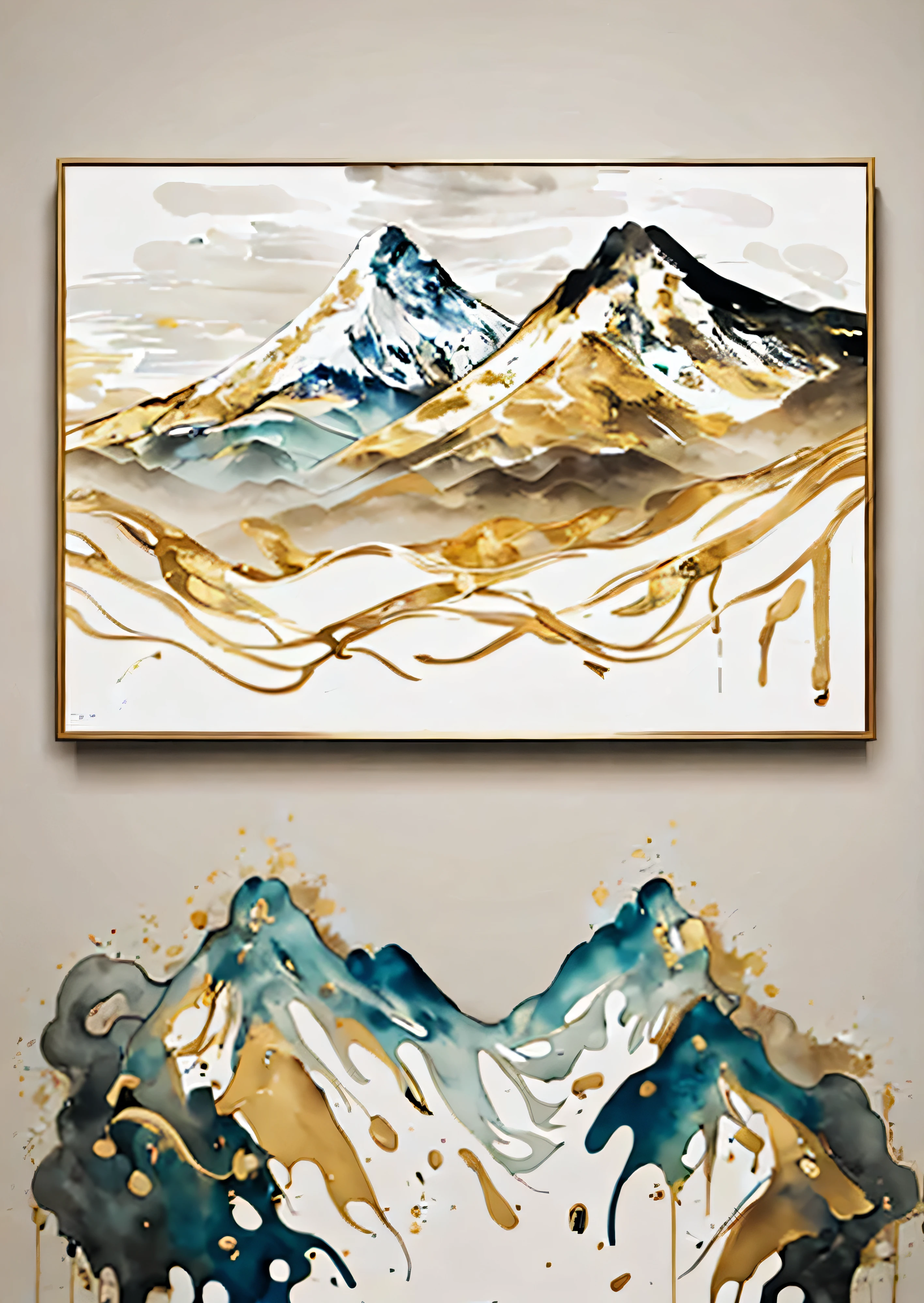 Painting of mountains with clouds, glossy painting, The paintings are elegant and delicate, Modern European ink painting, Complex flowing paint, Modern Art Style, gold leaf painting, pop art art, Beautiful paintings, abstract minimalist painting, Marble and light gold, Abstract Liquid Acrylic Art, The touch of gold foil, style painting, high quality