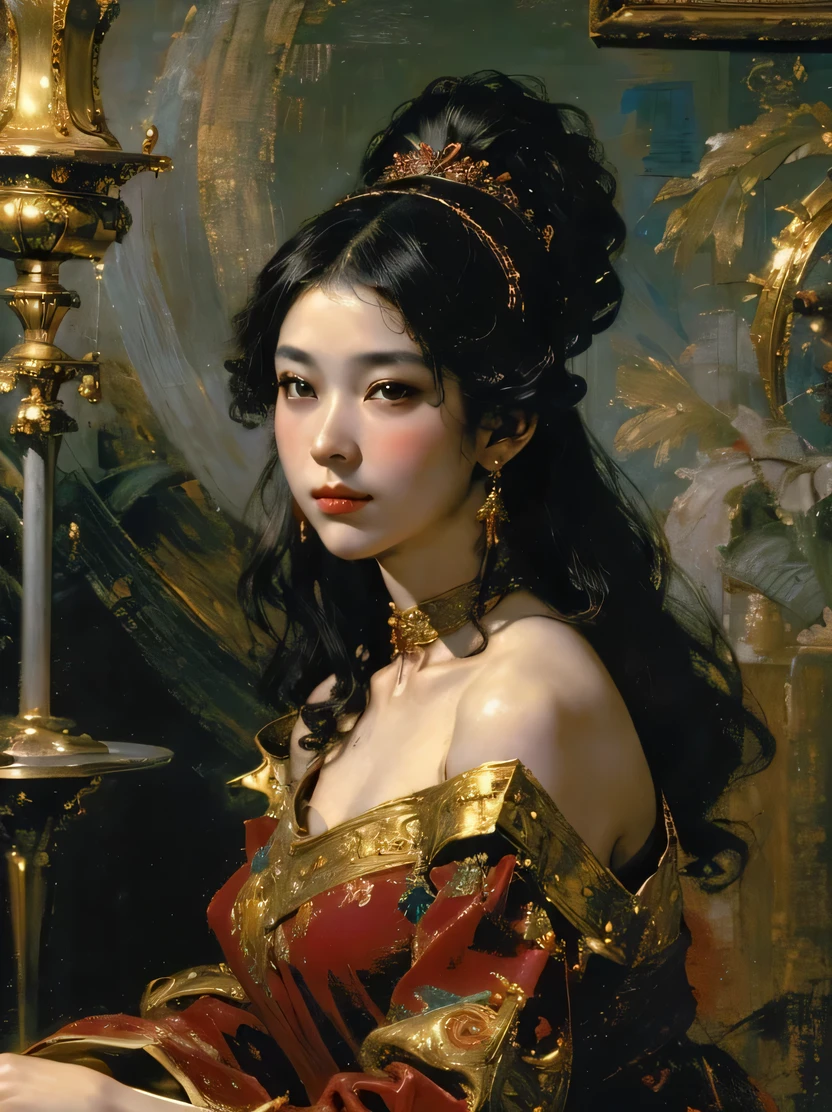 ((masterpiece、highest quality、Super fine、High resolution、sharp focus、cinematic lighting))、((1 female、bust shot))、focus from the chest up、Woman with long black hair、exquisite features、chignon、hairpin、red cheongsam、Plain wall background、((renaissance classic oil painting style))、Sitting on a stool、((view audience、Detailed hand depiction))、Fechin、oil painting