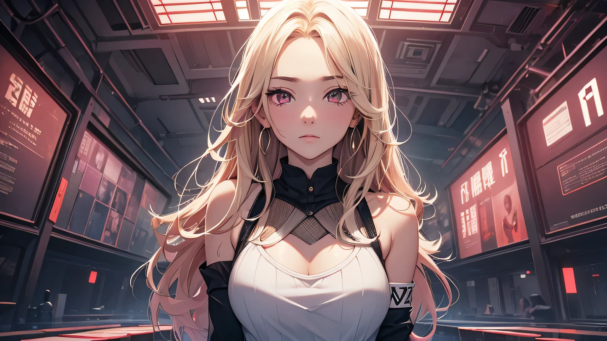 最high quality、best image quality、masterpiece、girl((18-year-old、 By becoming、vest bust、medium bust,wide open breast tea、shining eyes, blonde、messy hair、long hair、thin,highest valley、white distressed tank top、blue distressed pants、Wristband、have a knife、ruby earrings、squat、Leaning forward)),high quality、beautiful art、background((Dark Research Facility、broken wall、warning mark、Light、Infrared Sensor、red lighting))、Flight、debris flies、Depth of written boundary、movie、visual art、perfect art、8K,genuine、