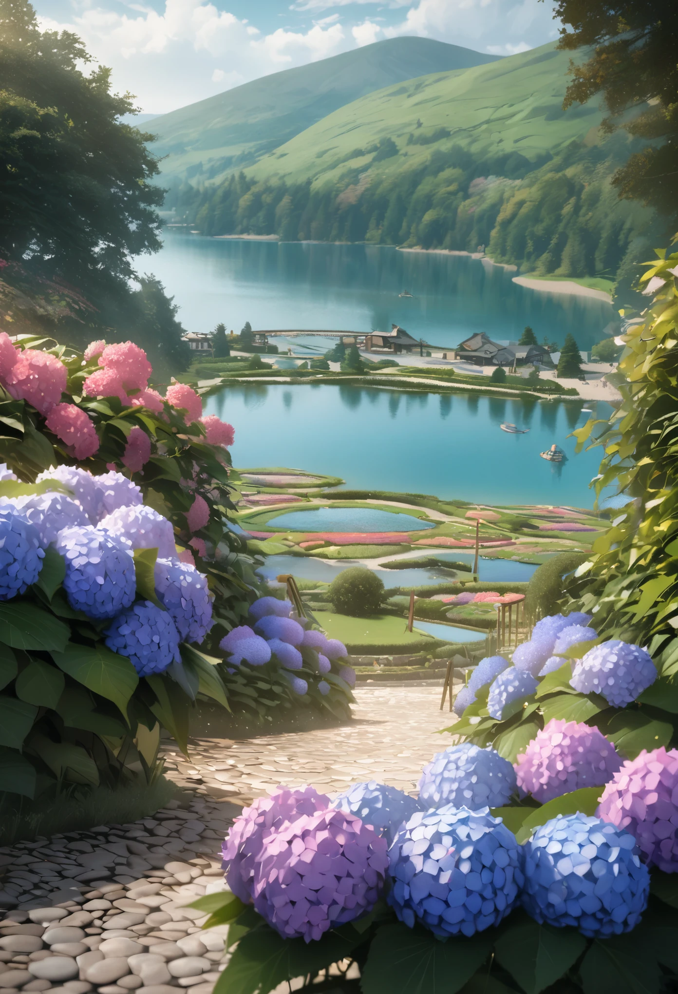 hydrangeas, garden, lake, Small hills, Pebble road,Japanese cartoons, masterpiece, best quality, anatomically correct, high detail, 8K, wallpaper