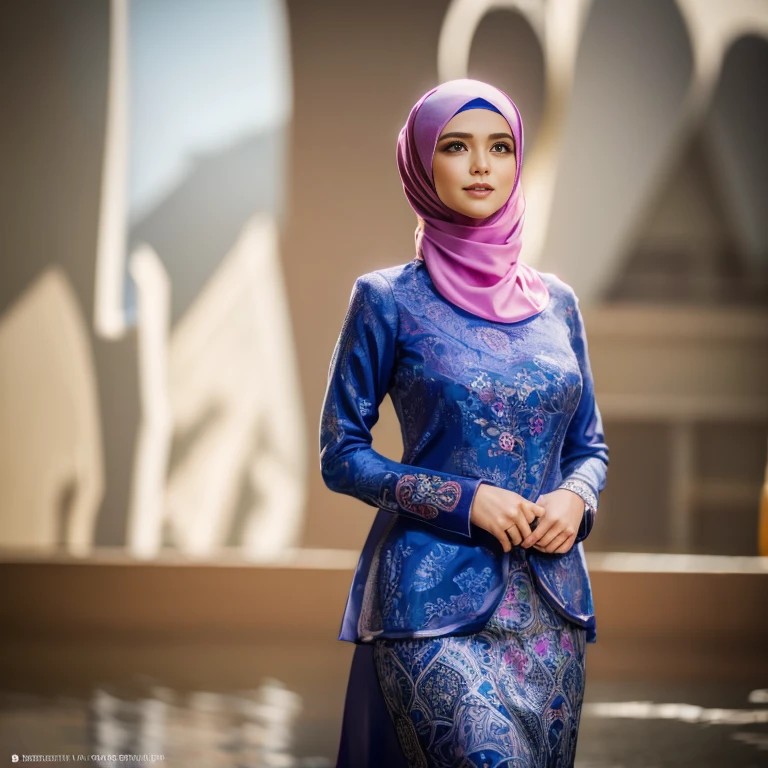 Best quality, masterpiece, realistic photos, intricate details, original photos, wearing traditional baju kurung, photon rendering, octane rendering, ridiculous, ultra-detailed, detailed faces, detailed skins, trends on artstation, 8k masterpieces, cinematic lighting, ((1girl)), ((solo)), firm rounded breasts, huge breasts, slim and slender body, long hijab, eid mubarak in malay village, half body