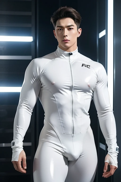 Futuristic rubber all white body suit, skin tight, hair visible, hands visible, gloves, boots, toned male, young man, shiny suit, hands covered, handsome boy， big bulge , thick thighs , thick hips , handsome Korean man , K-pop idol, phat ass ，（bare thighs）， exposed thighs , sexy , NSFW , eroticism ， epic reality , epic photorealistic 