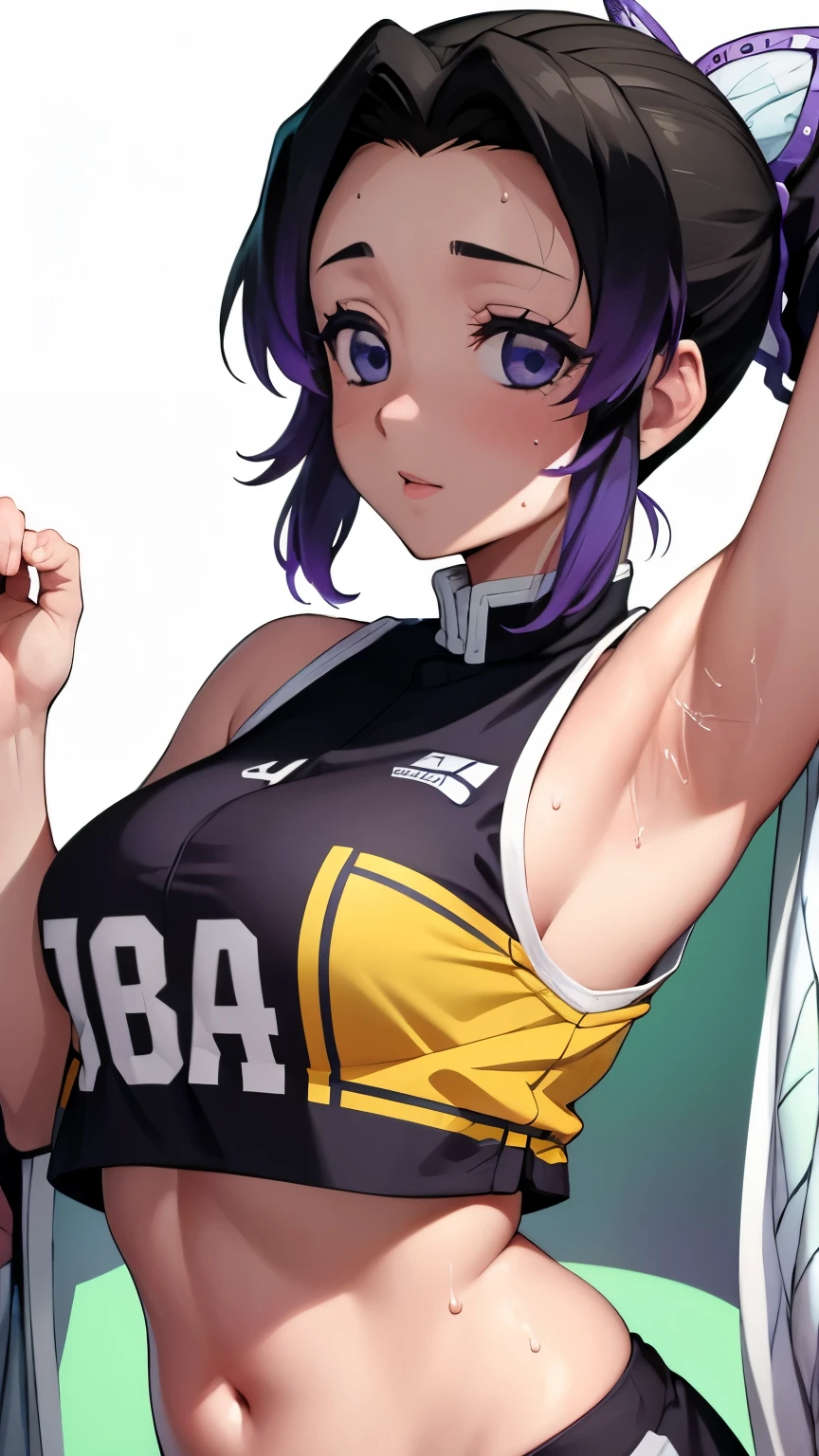 a close up of a person wearing a basketball uniform, a picture, inspired by Kentaro Miura, trending on pixiv, Shinobu Kochou, Demon Slayer, Kimetsu no Yaiba, wearing yellow nba jersey, yellow croptop nba jersey, wearing a low cut croptop, wearing croptop, croptop, written "Lakers" on the croptop, golden raito, (winking), shirobako, large)}], favorite scene, fine details. anime. skins, sweating, big breasts, both hands raised, armpits, armpits visible, dripping with sweat, more more sweat, sweaty armpits