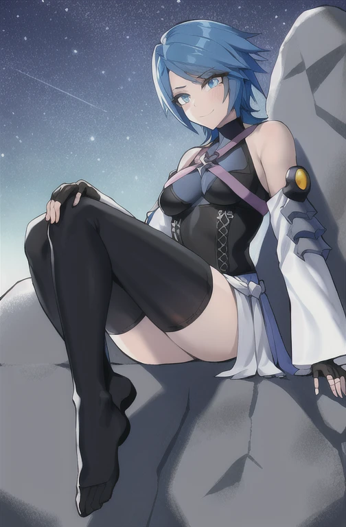 Aqua \(Kingdom hearts\), 1girl, absurder, Nahaufnahme, Meisterwerk, blaue Augen, Blaue Haare, Breasts, Brustgurt, elbow Handschuhe, Handschuhe, highres, (Rock), (Kingdom hearts), Blick auf den Betrachter, Ozean, smile, Allein, Nacht, sternenklarer Himmel,  wide sleeves, medium Breasts, contrasting sleeves, schwarze, kurze Hosen , fingerless Handschuhe, dunkler Hintergrund,  (Thigh stockings), Dunkelheit

