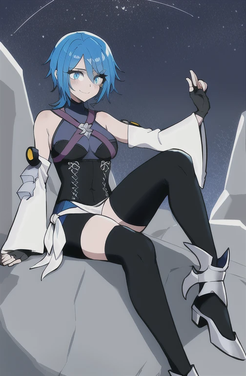 Aqua \(Kingdom hearts\), 1girl, absurder, Nahaufnahme, Meisterwerk, blaue Augen, Blaue Haare, Breasts, Brustgurt, elbow Handschuhe, Handschuhe, highres, (Rock), (Kingdom hearts), Blick auf den Betrachter, Ozean, smile, Allein, Nacht, sternenklarer Himmel,  wide sleeves, medium Breasts, contrasting sleeves, schwarze, kurze Hosen , fingerless Handschuhe, dunkler Hintergrund,  (Thigh stockings), Dunkelheit

