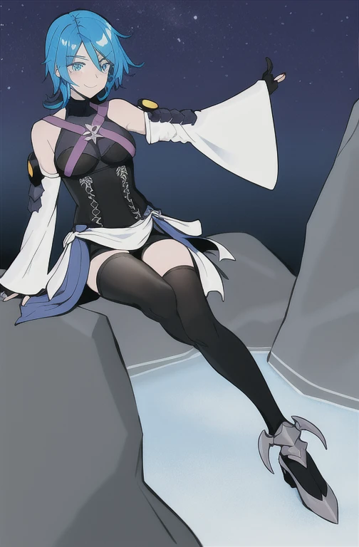 Aqua \(Kingdom hearts\), 1girl, absurder, Nahaufnahme, Meisterwerk, blaue Augen, Blaue Haare, Breasts, Brustgurt, elbow Handschuhe, Handschuhe, highres, (Rock), (Kingdom hearts), Blick auf den Betrachter, Ozean, smile, Allein, Nacht, sternenklarer Himmel, wide sleeves, medium Breasts, contrasting sleeves, schwarze, kurze Hosen , fingerless Handschuhe, dunkler Hintergrund, (Thigh stockings), Dunkelheit