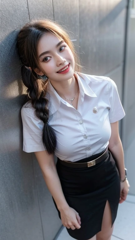 Standing and smiling , stand , (8k, best quality, masterpiece, ultra highres:1.2) Photo of Pretty thai woman beautiful, beautiful enchanting fashion contemporary painting with , (1girl), (white shirt short sleeves), ((black pencil skirt)), belt , , blonde hair, , realistic skin texture , round chin, 85 mm art lens, f 1. 2, sharp focus, 8 k high definition, insanely detailed, intricate, elegant, large breasts, big breasts , black skirt , twin tails hair