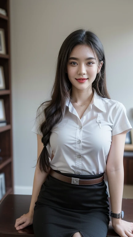 Standing and smiling , stand , (8k, best quality, masterpiece, ultra highres:1.2) Photo of Pretty thai woman beautiful, beautiful enchanting fashion contemporary painting with , (1girl), (white shirt short sleeves), ((black pencil skirt)), belt , , blonde hair, , realistic skin texture , round chin, 85 mm art lens, f 1. 2, sharp focus, 8 k high definition, insanely detailed, intricate, elegant, large breasts, big breasts , black skirt , twin tails hair