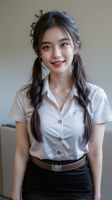Standing and smiling , stand , (8k, best quality, masterpiece, ultra highres:1.2) Photo of Pretty thai woman beautiful, beautiful enchanting fashion contemporary painting with , (1girl), (white shirt short sleeves), ((black pencil skirt)), belt , , blonde hair, , realistic skin texture , round chin, 85 mm art lens, f 1. 2, sharp focus, 8 k high definition, insanely detailed, intricate, elegant, large , , black skirt , twin tails hair