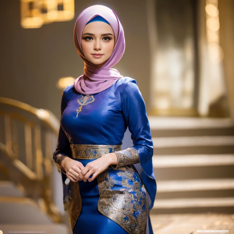 Best quality, masterpiece, realistic photos, intricate details, original photos, wearing traditional baju kurung, photon rendering, octane rendering, ridiculous, ultra-detailed, detailed faces, detailed skins, trends on artstation, 8k masterpieces, cinematic lighting, ((1girl)), ((solo)), firm rounded breasts, huge breasts, slim and slender body, long hijab, eid mubarak in malay village, half body