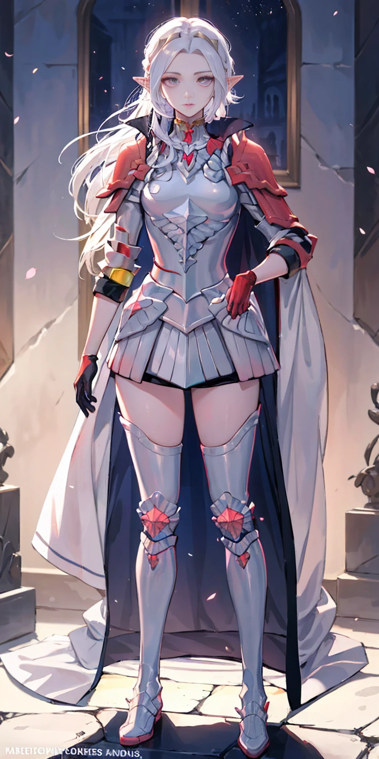masterpiece, best quality, high quality, 1solo white SKIN elf, long hair, white hair, yellow eyes, full body, def_effie, blue breastplate, looking at viewer, shiny,armor, thighhighs, high boots,shoulder armor, faulds, poleyn, gloves, gauntlets
