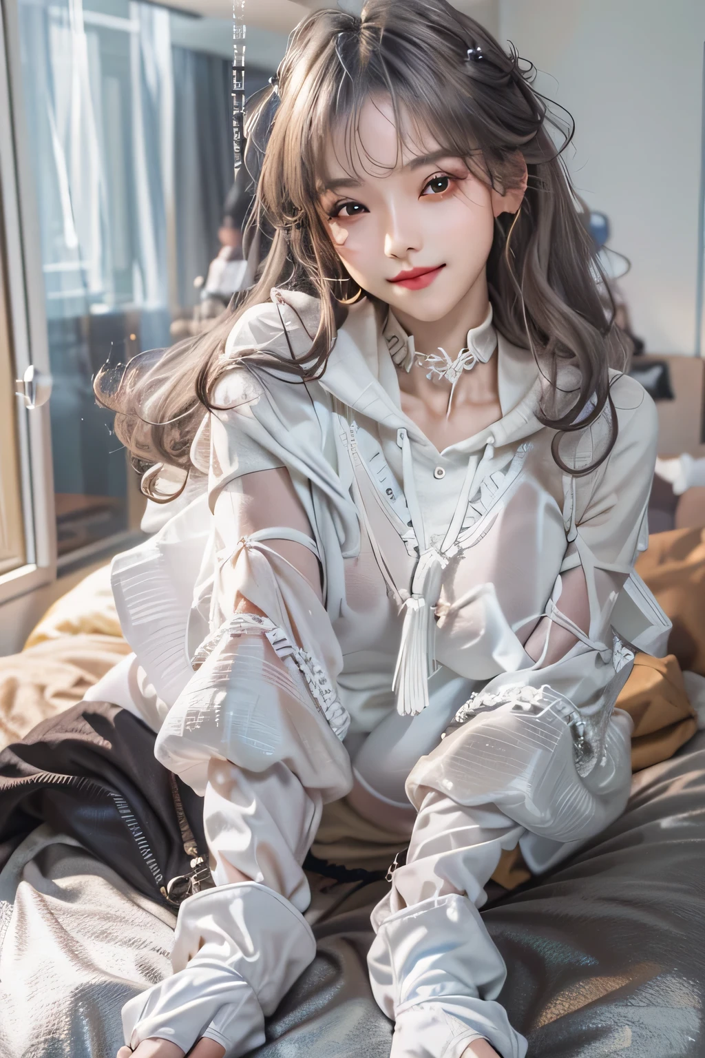 (Top quality details)、realistic、8k uh、High resolution、((overhead shot))、(1 girl)、((best smile))、super detailed、high quality texture、intricate details、high quality shadows、Details Beautiful and delicate face、Beautiful details and delicate eyes、20&#39;s、(best smile)、cute kpop girl、(Korean Ulsan Face)、(ulzzang -6500-V1.1:0.6)、Pueros face_V1、glow eye、perfect body、(big breasts)、 ((look at viewer))、(valley)、(gray hair color)、cheek、glossy lips、natural color reproduction, ((strong light))、(Lying on the bed with open arms)、(choker)、((brown eyes))、(gray hair), (Braid)、(Patsun bangs)、(bangs)、 shiny hair、Description Beautiful and delicate hair、(Glossy skin)、(long sleeve white hoodie)、(denim jeans)、(evening)、(white wall bedroom)、