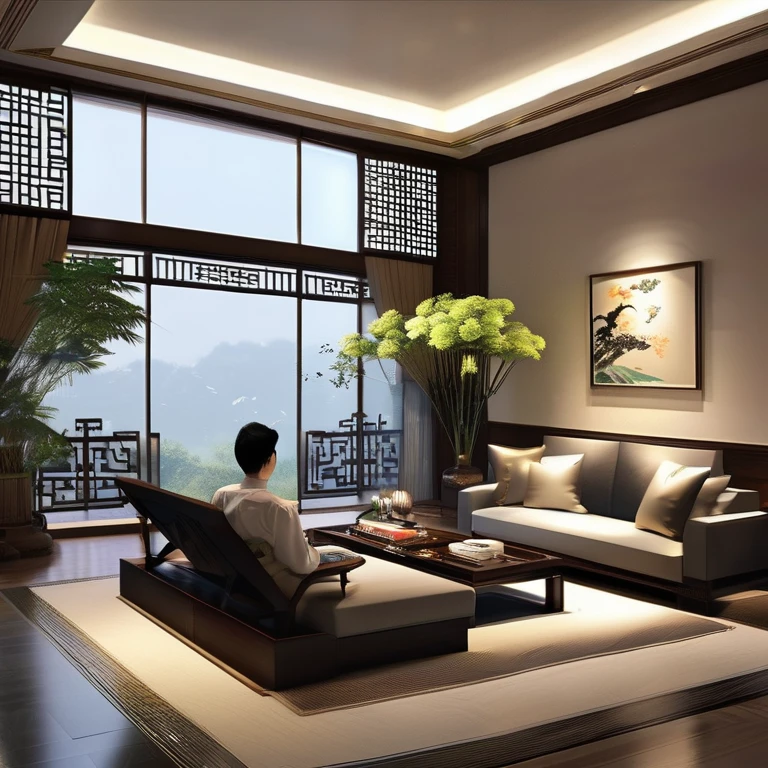 Simple room,Set up the fireplace,Fireplace front view,Man on the couch is reading a book,There are floor-to-ceiling windows,sofe,a chair,New Chinese style decoration,high-definition photography,Best Masterpiece,HighestQuali