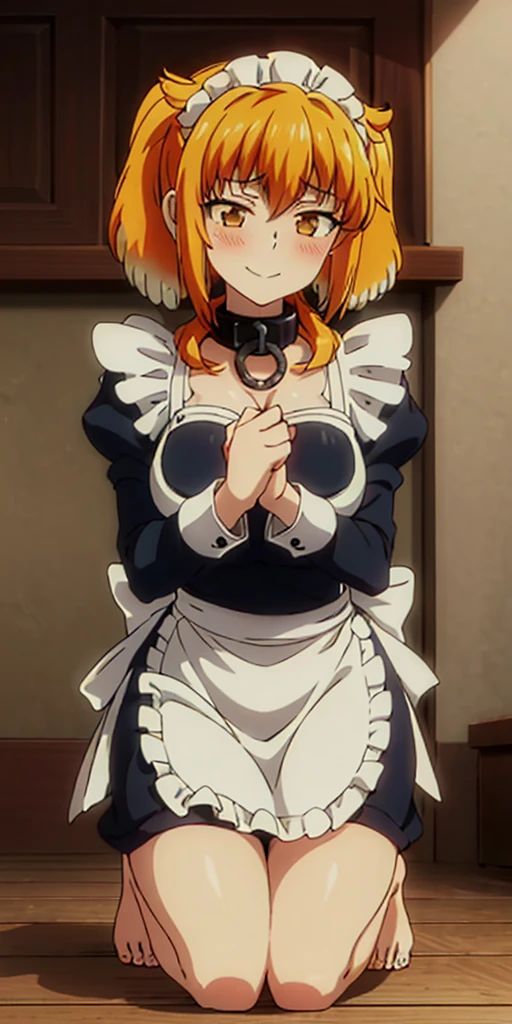 1solo girl female Roxxane, cute, maid victorian, maid apron, straight face, dazed, Body position: Standing, straight, symmetrical, barefoot, fluffy ears, milf bimbo lustful smirking smile red blush red cheeks, chain leash, kneeling, shackles, leather black collar slave, 2 high ponytails