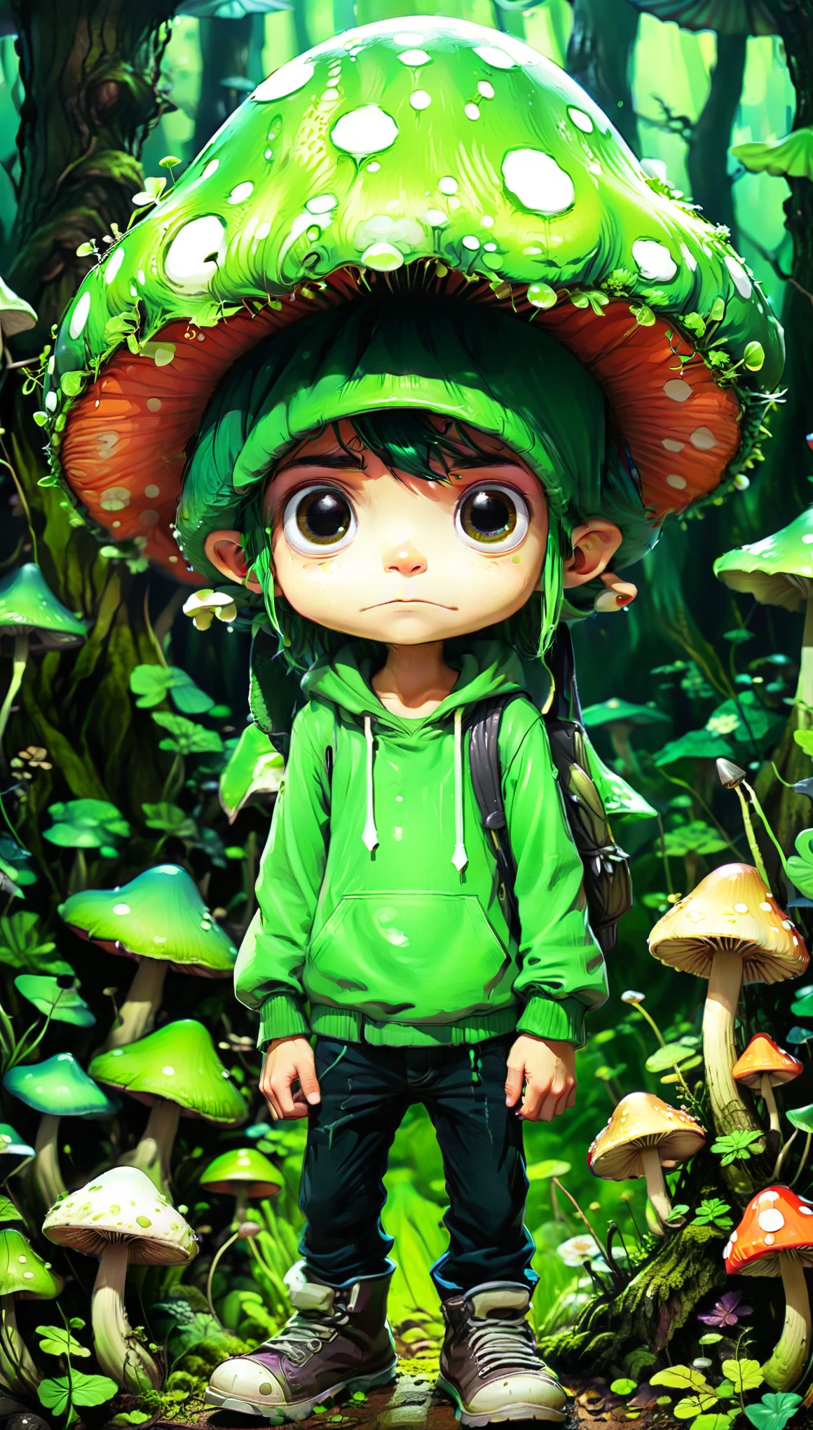 2D, monster, creepy,,  (style of Skottie Young:1.3) 
1-Up Mushroom Anime boy, a vivid green mushroom hat with white spots and dressed in fantasy fairy-like outfit