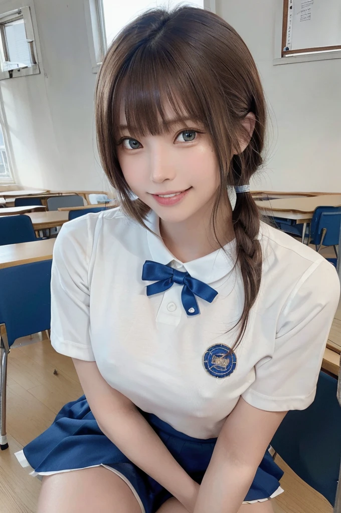 masterpiece, highest quality, High resolution,super detailed, amazingly beautiful woman,1girl, (beautiful girl, Delicate girl:1.3), break,(sailor suit:1.3,Bright blue sailor collar,Bright blue skirt,white ribbon,white socks), extremely fine-grained clarity, (symmetrical eyes:1.3), break, (inside the classroom:1.3), break, small breasts, brown eyes, ponytail, brown hair, (Eye and face details:1.3),break, (A smile that shows white teeth:1.3),break,pose sitting on a chair