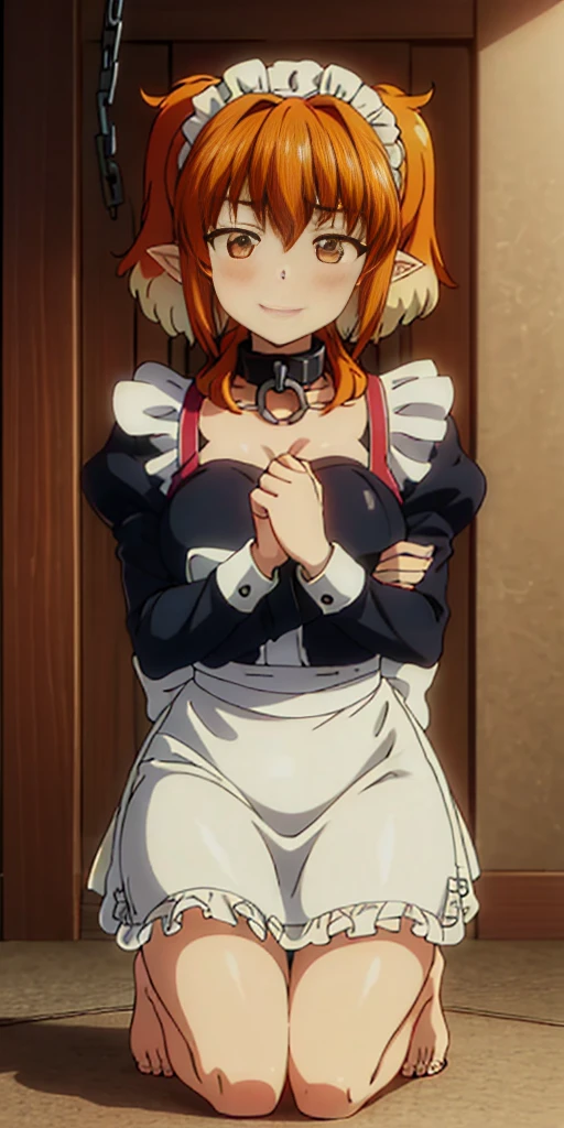1solo girl female Roxxane, cute, maid victorian, maid apron, straight face, dazed, Body position: Standing, straight, symmetrical, barefoot, fluffy ears, milf bimbo lustful smirking smile red blush red cheeks, chain leash, kneeling, shackles, leather black collar slave, 2 high ponytails
