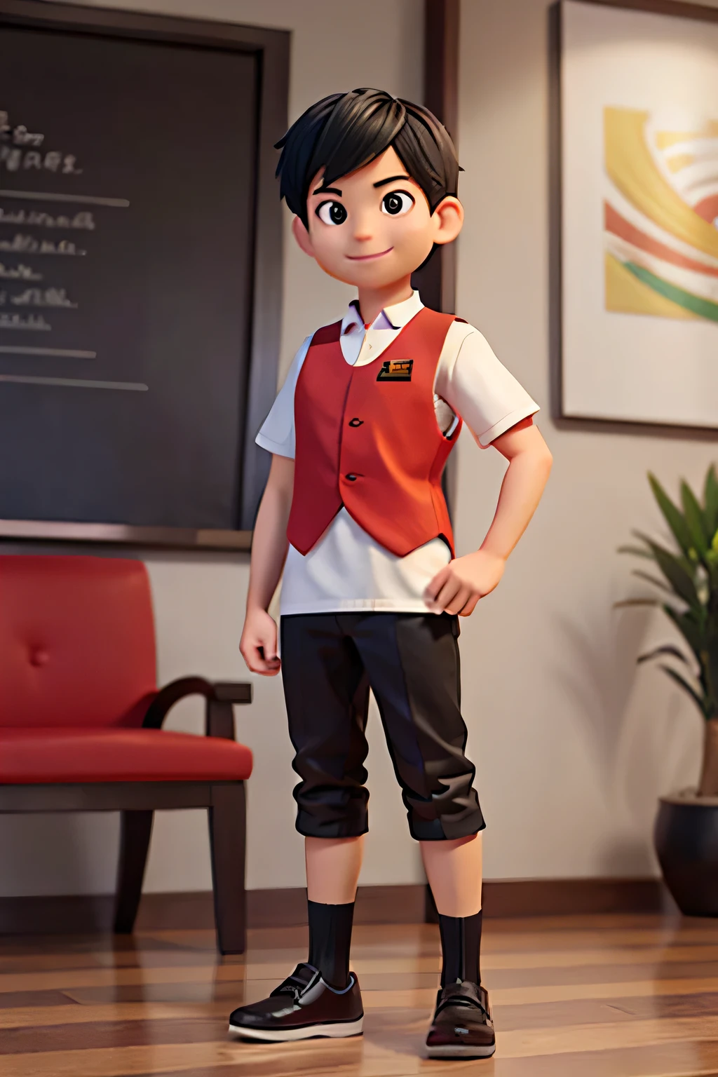 A young man wearing a red volunteer vest, white short sleeves, black pants, black leather shoes, black hair, the character is standing with a smile, normal eyes, Chinese hairstyle, partial anime image, Animated 3D image of a civil servant extending his right hand to invite