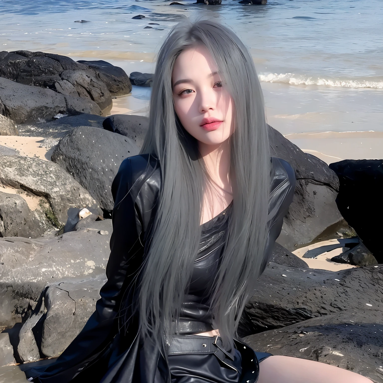 girl wearing black leather clothes，Long straight hair，A head of blue-gray hair，long flowing hair