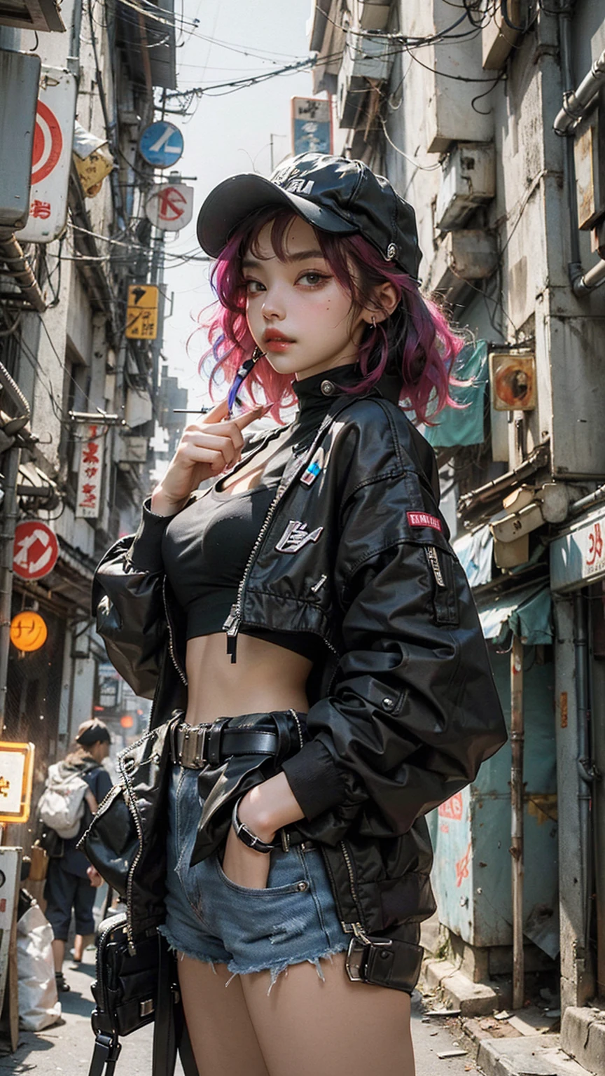 Beautiful woman medium hair, wearing cap, cyberpunk style short clothes