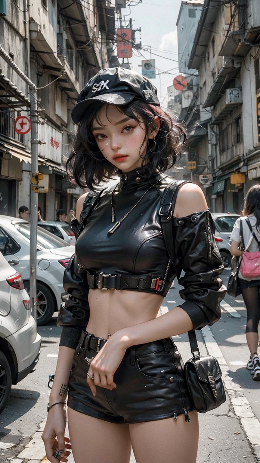Beautiful woman medium hair, wearing cap, cyberpunk style short clothes