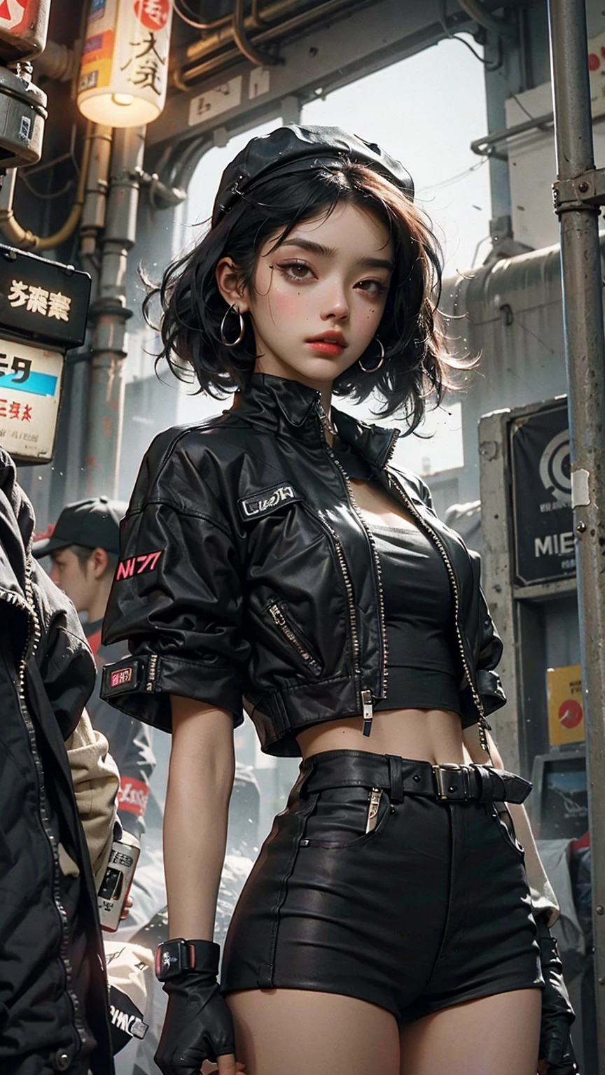 Beautiful woman medium hair, wearing cap, cyberpunk style short clothes