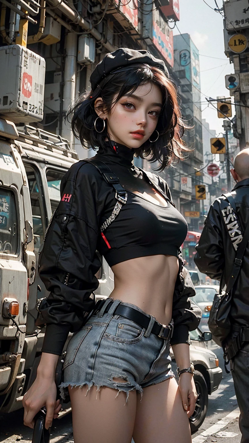 Beautiful woman medium hair, wearing cap, cyberpunk style short clothes