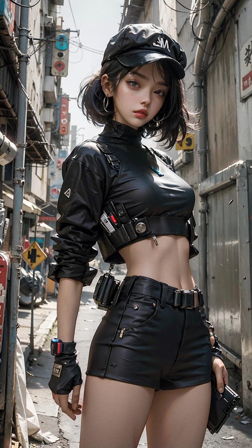 Beautiful woman medium hair, wearing cap, cyberpunk style short clothes
