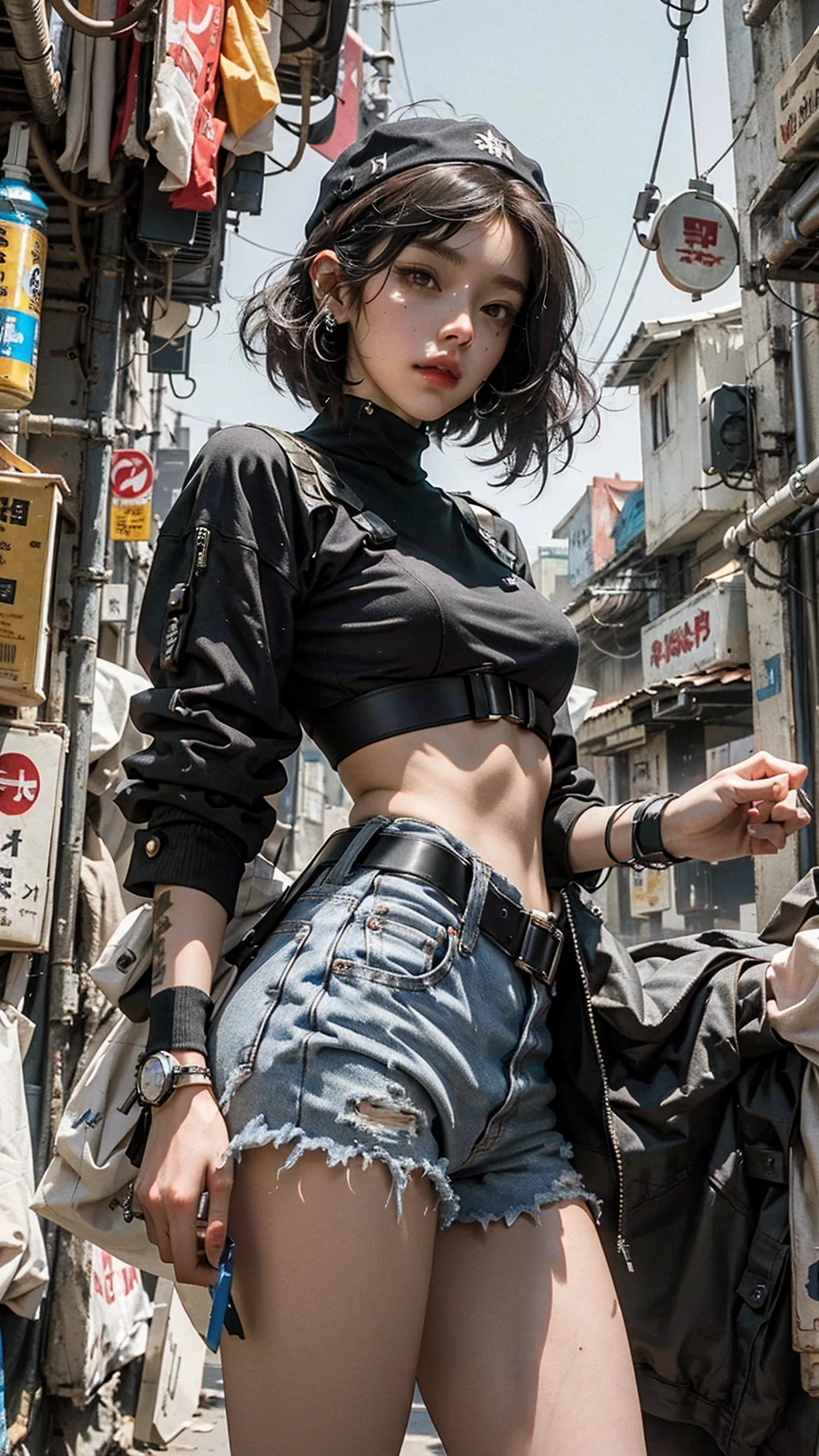 Beautiful woman medium hair, wearing cap, cyberpunk style short clothes