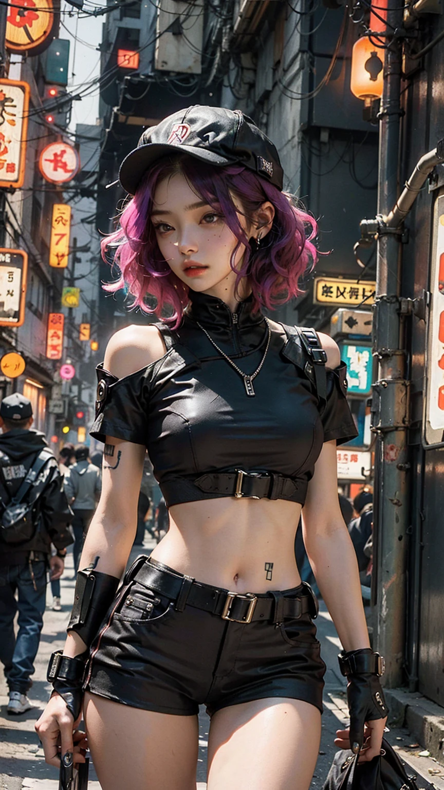 Beautiful woman medium hair, wearing cap, cyberpunk style short clothes