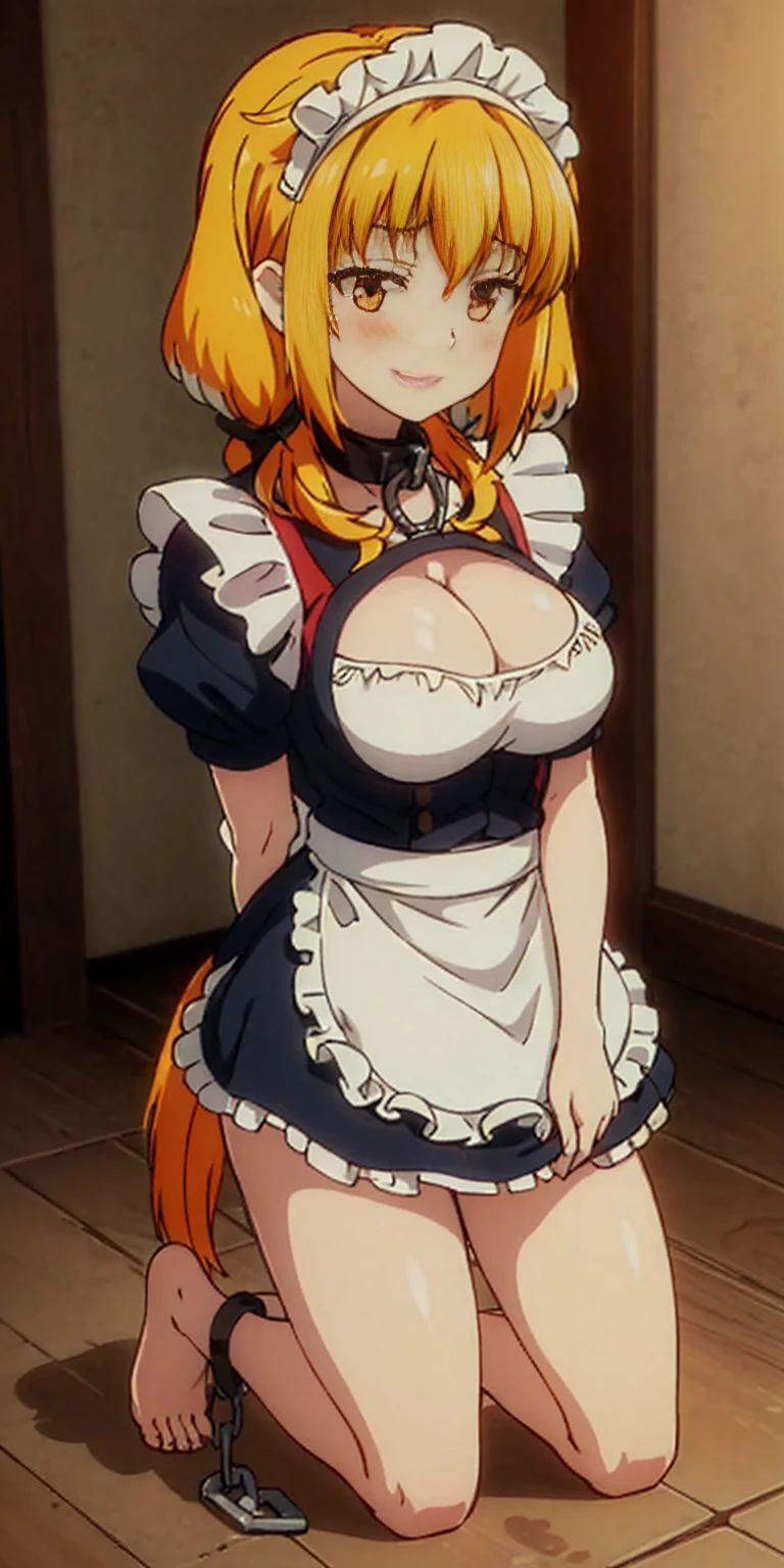 1solo girl female Roxxane, cute, maid victorian, maid apron, straight face, dazed, Body position: Standing, straight, symmetrical, barefoot, fluffy ears, milf bimbo lustful smirking smile red blush red cheeks, chain leash, kneeling, shackles, leather black collar slave, 2 high ponytails