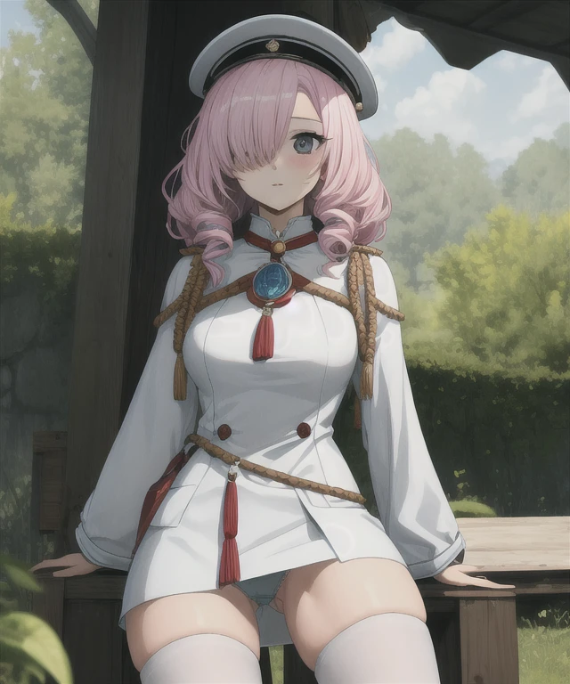 Ton \(Stil), nur konzentrieren, Vordergrundfokus, 1girl, Kleid, Haube, Maske, Hohle Augen, Haube up, blue Kleid, Hair over one eye, pinkes Haar, lange Haare, Thigh stockings, Sleeves to fingers, Sleeves past the wrists, big , (Hand auf dem eigenen Oberschenkel, Sitzung), no underwear 1.4, Beine gespreizt, zeigt Vagina dem Betrachter 1.4