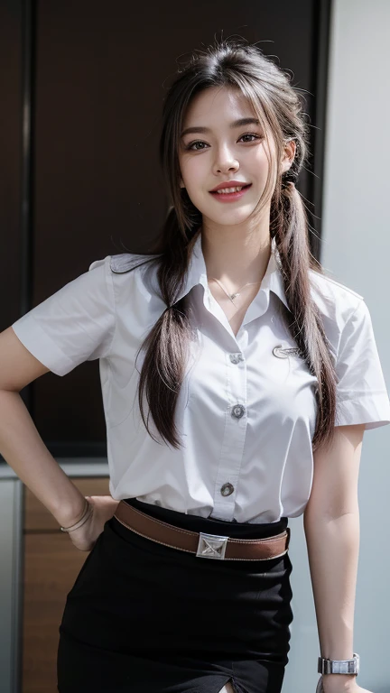 Standing and smiling , stand , (8k, best quality, masterpiece, ultra highres:1.2) Photo of Pretty thai woman beautiful, beautiful enchanting fashion contemporary painting with , (1girl), (white shirt short sleeves), ((black pencil skirt)), belt , , blonde hair, , realistic skin texture , round chin, 85 mm art lens, f 1. 2, sharp focus, 8 k high definition, insanely detailed, intricate, elegant, large breasts, big breasts , black skirt , twin tails hair