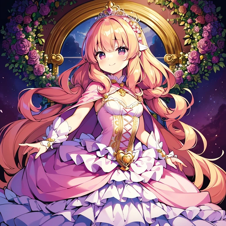 (kawaii),(best quality,4k,highres),upper body,(rococo style),(long train pink cape),(long train white ball gown with flowers),(detailed fabric),a girl wearing a cape over her dress,1 little princess, tiara, smile, very long hair,(small delicate breasts), green garden background, vibrant colors, soft lighting