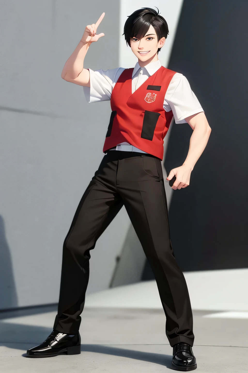 A young man wearing a red volunteer vest, white short sleeves, black pants, black leather shoes, black hair, the character is standing with a smile, normal eyes, Chinese hairstyle, partial anime image, Animated 3D image of a civil servant extending his right hand to invite