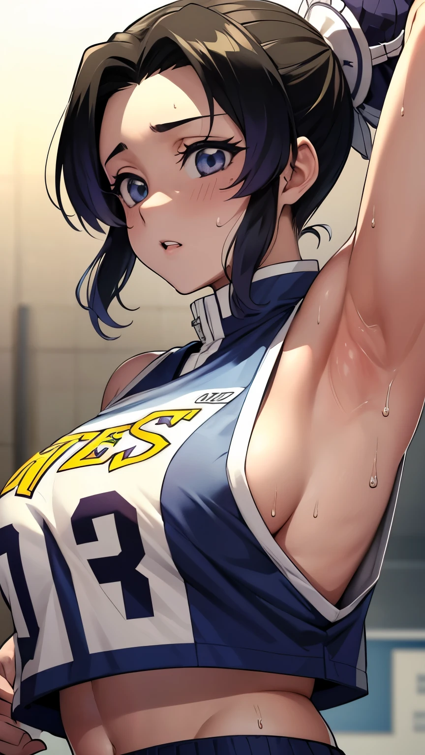 a close up of a person wearing a basketball uniform, a picture, inspired by Kentaro Miura, trending on pixiv, Shinobu Kochou, Demon Slayer, Kimetsu no Yaiba, wearing yellow nba jersey, yellow croptop nba jersey, wearing a low cut croptop, wearing croptop, croptop, the words "Lakers" written on the croptop, golden raito, (winking), shirobako, large)}], favorite scene, fine details. anime. skins, sweating, big breasts, both hands raised, armpits, armpits visible, dripping with sweat, more more sweat, sweaty armpits