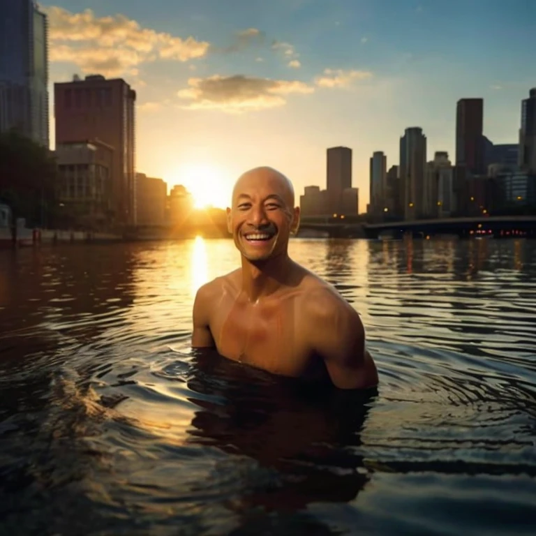arafed man In the water with a city skyline in the background, inspired Martin Scherer, Hyperrealistic portrait in the river, Float in a powerful zen state, Ivan Cyr, Martin Scherer, Eric Zina Ekut Edodu, surreal photos, viral photos, Muscular bald man, In the water, In the water